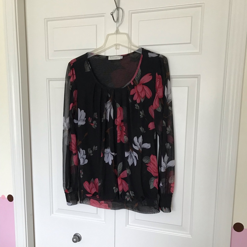 BaiShengGT Women Medium Floral Sheer Blouse